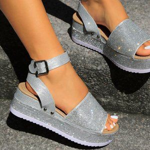 NEW Diamante Rhinestone Glitter Ankle Strap Platform Wedge Heel Sandals Open Toe